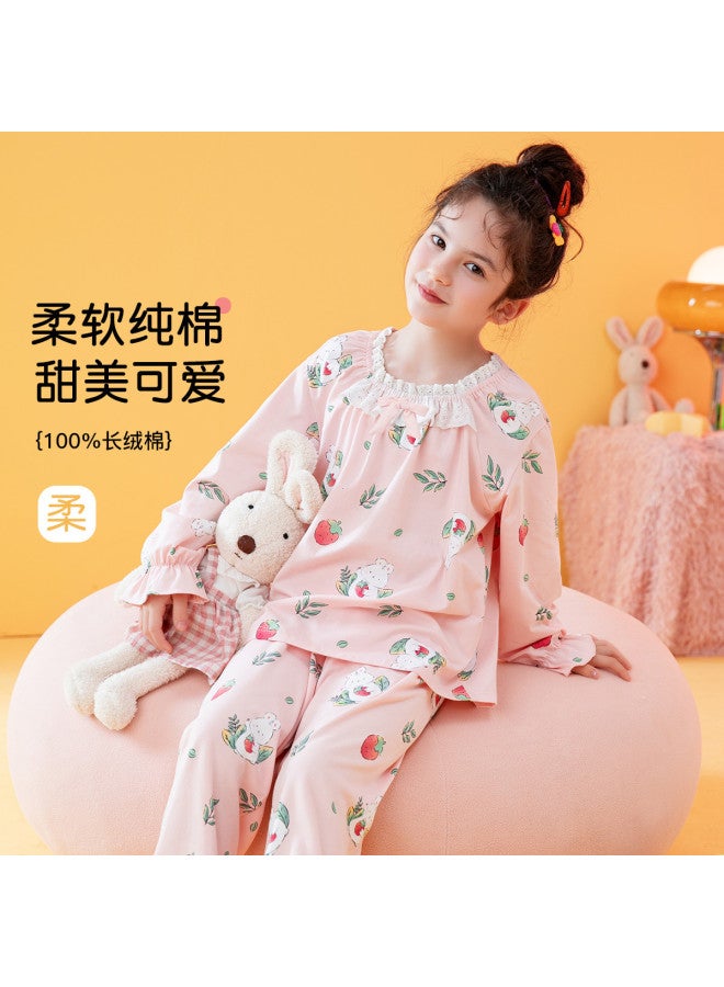Fenton lace Trim Round Neck Strawberry Bunny Long Sleeve Homewear Set For Girls - Image 2