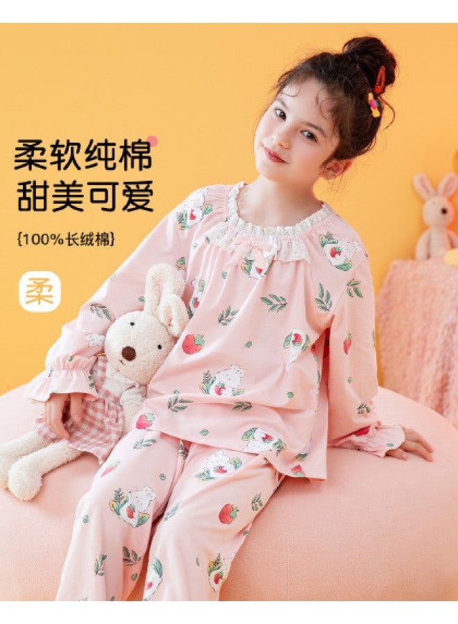 Fenton lace Trim Round Neck Strawberry Bunny Long Sleeve Homewear Set For Girls - Image 1