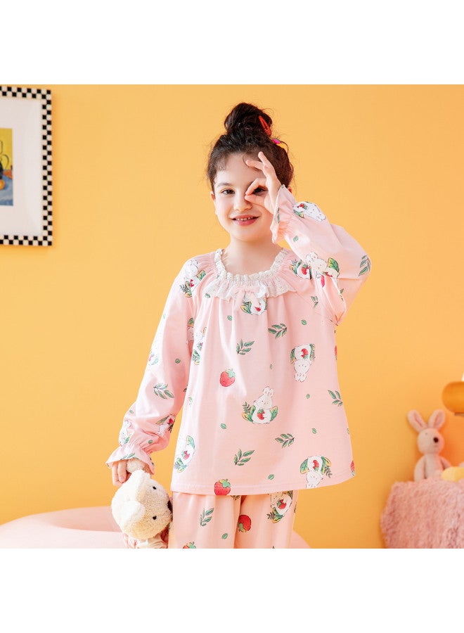 Fenton lace Trim Round Neck Strawberry Bunny Long Sleeve Homewear Set For Girls - Image 4