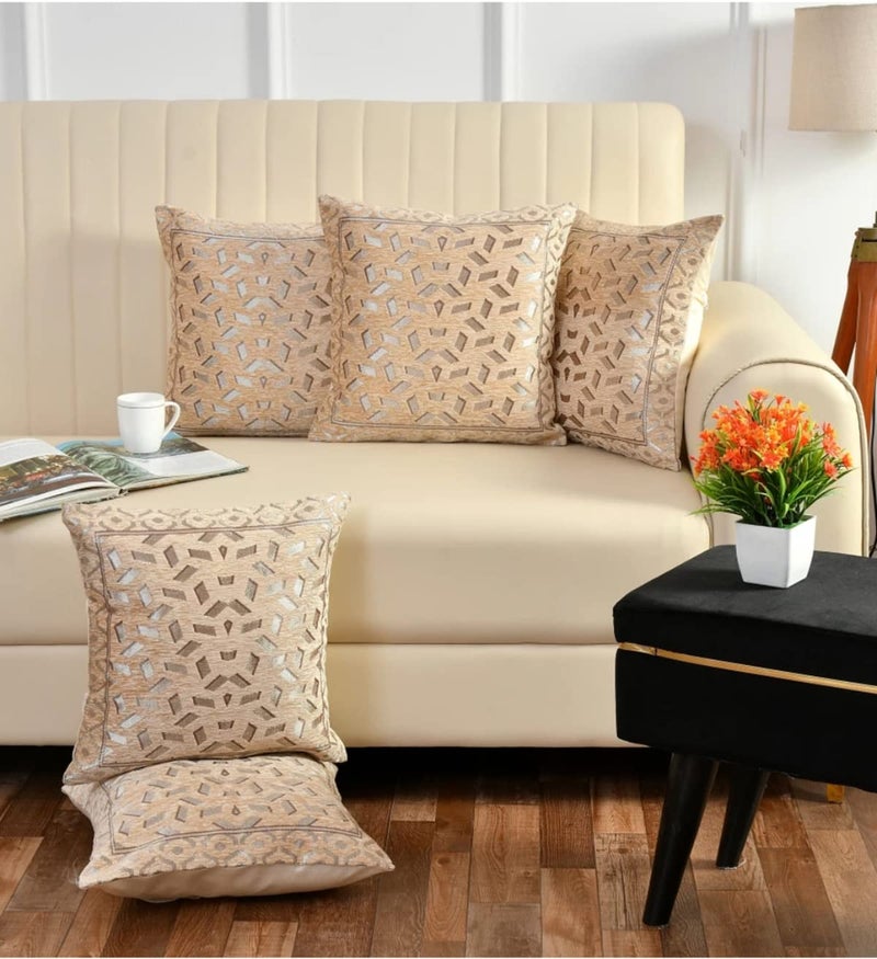 LOOMLYFE Jacquard Geomteric Cushion Covers 16 Inch X 16 Inch Set Of 5 Ethnic Motifs 240 TC Cushion Covers,Design- Bricks,Color- Beige - Image 1
