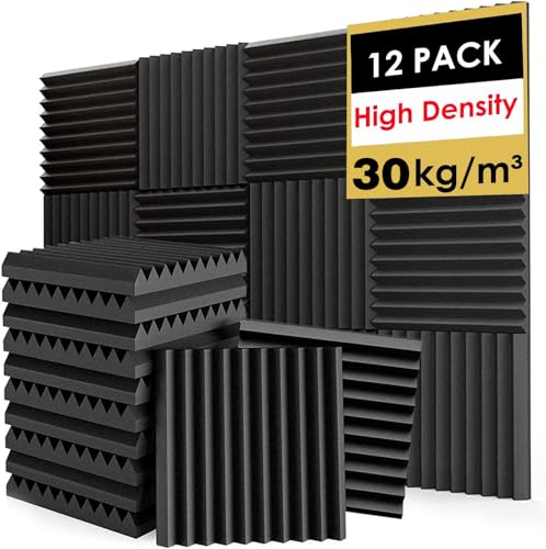 FONESO Acoustic Foam Panels, Sound Proof Foam Panels for Walls, High Desnsity Studio Soundproofing Wedges - Fire Resistant & Noise Absorbing for Studio, Office, Home (Black, 1"x12"x12" 12Pack) - Image 1