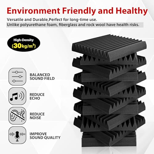 FONESO Acoustic Foam Panels, Sound Proof Foam Panels for Walls, High Desnsity Studio Soundproofing Wedges - Fire Resistant & Noise Absorbing for Studio, Office, Home (Black, 1"x12"x12" 12Pack) - Image 2