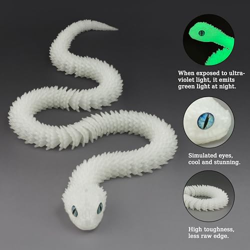 TiTiC 3D Printed Snake Animals Toys Articulated Flexible 3D Printed Viper Fidget Toy Realistic Slithering Design Home Office Executive Desk Decor Green Glow 18 in - Image 5