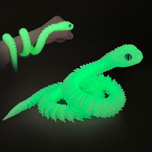 TiTiC 3D Printed Snake Animals Toys Articulated Flexible 3D Printed Viper Fidget Toy Realistic Slithering Design Home Office Executive Desk Decor Green Glow 18 in - Image 1