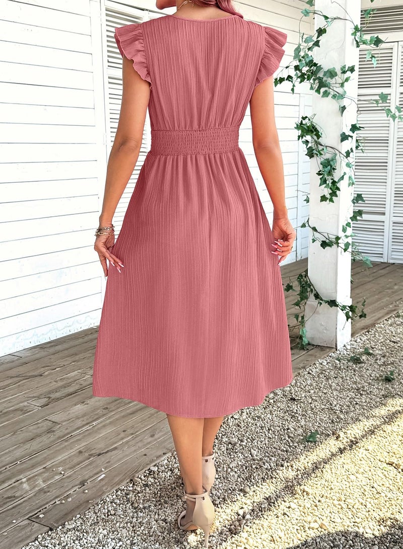 Shein فستان صيفي للنساء من SHEWIN بأكمام قصيرة مزخرفة على شكل حرف V، فساتين بوهو شبه رسمية، ملابس ضيوف حفلات الزفاف، فستان أنيق غير رسمي 2026، مقاس L، وردي - Image 3