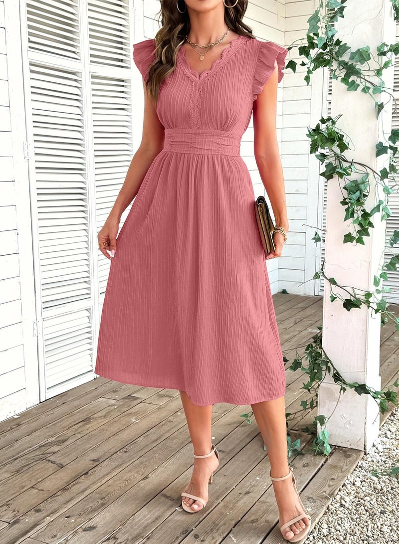 Shein فستان صيفي للنساء من SHEWIN بأكمام قصيرة مزخرفة على شكل حرف V، فساتين بوهو شبه رسمية، ملابس ضيوف حفلات الزفاف، فستان أنيق غير رسمي 2026، مقاس L، وردي - Image 4
