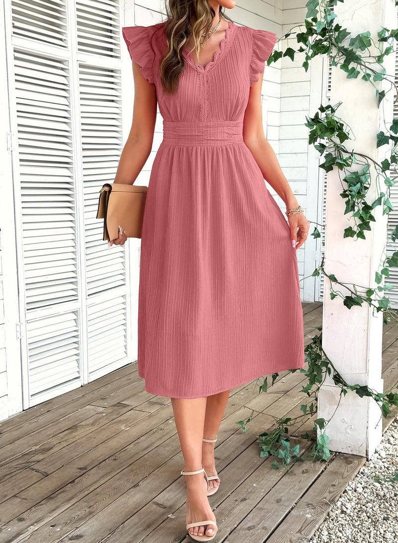 Shein فستان صيفي للنساء من SHEWIN بأكمام قصيرة مزخرفة على شكل حرف V، فساتين بوهو شبه رسمية، ملابس ضيوف حفلات الزفاف، فستان أنيق غير رسمي 2026، مقاس L، وردي - Image 5