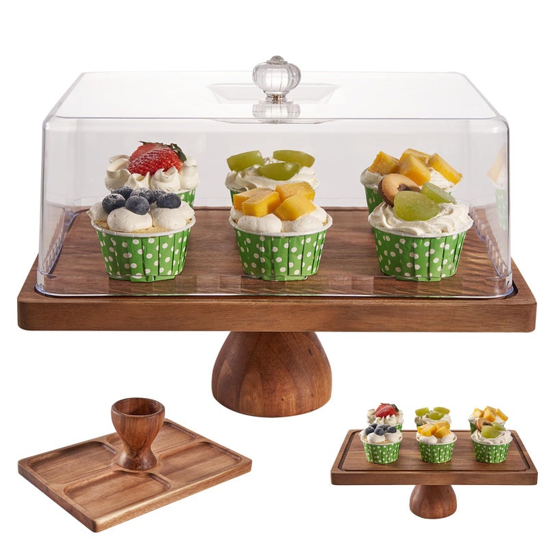 LiTY Cake Stand with Lid, 13â€³ Rectangular Multi-Functional Cake Holder, Acacia Solid Wood 2-in-1 Dessert Table Display Set, Charcuterie Board for Cheese ,Fruit Platter, Large Acrylic Cake Dome Cover - Image 1