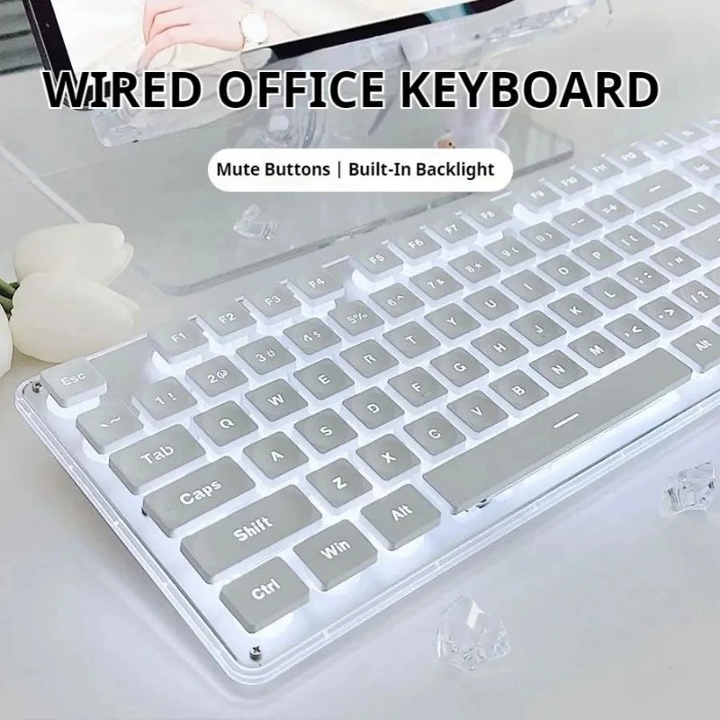 Eweadn GX710S Silent Office Keyboard, All-Metal Panel, 104 Keys Wired, Water Drop Keycaps, White and Black, Gaming and Office - Image 2