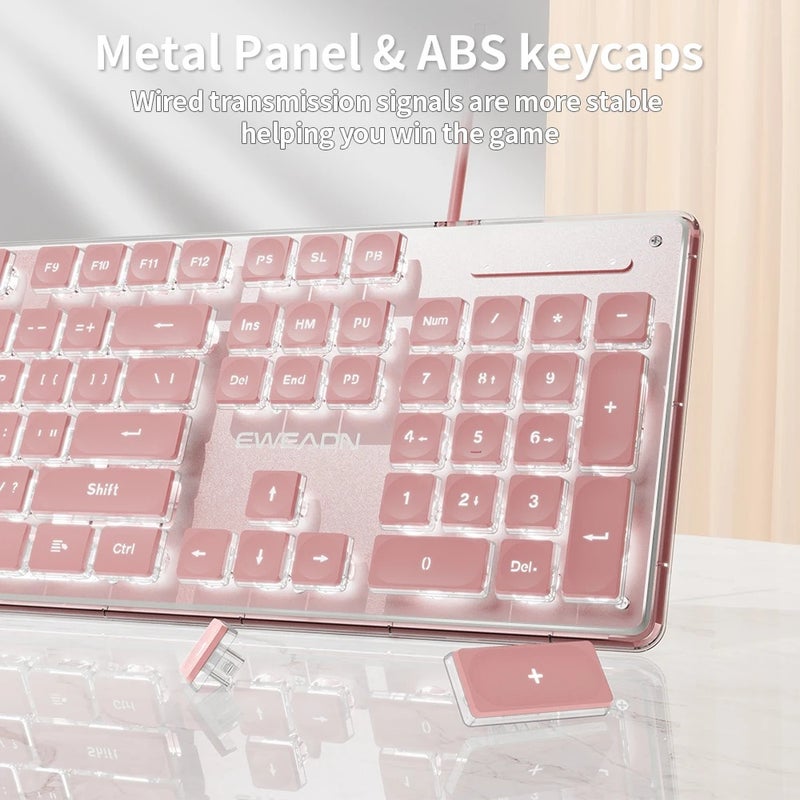 Eweadn GX710S Silent Office Keyboard, All-Metal Panel, 104 Keys Wired, Water Drop Keycaps, White and Black, Gaming and Office - Image 1