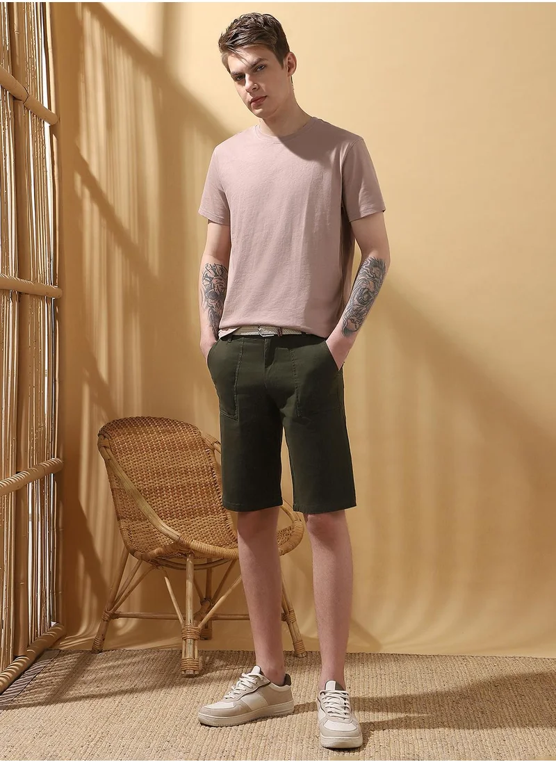 Dennis Lingo Men's Olive 100% Cotton Solid Cropped Casual Regular Fit Shorts