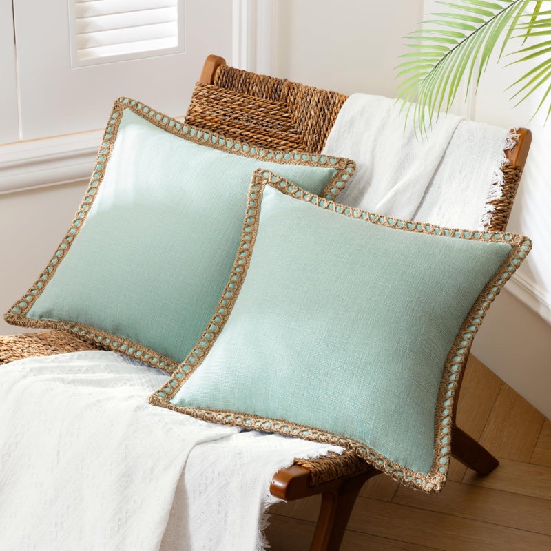 Phantoscope Pack of 2 Farmhouse Decorative Solid Throw Decorative Pillow Cover Burlap Linen Trimmed Tailored Edges Light Turquoise 24 x 24 inches 60 x 60 cm