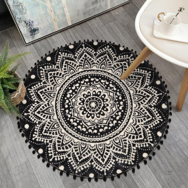 Uphome Boho Round Rug for Bedroom 3 Circle Mandala Black Bathroom Rug with Pom Poms Fringe Washable Circular Accent Throw Rugs NonSlip Soft Floor Mat for Entryway Living Room Sofa Kids Room Nursery