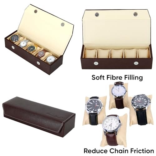 Hard Craft Watch Case Box Organiser Jewelry, Bracelet & Accessories Collection Storage Holder Gift for 5 Slots With Premium Faux Leather Interior & Exterior For Men and Women, Brown - Image 3
