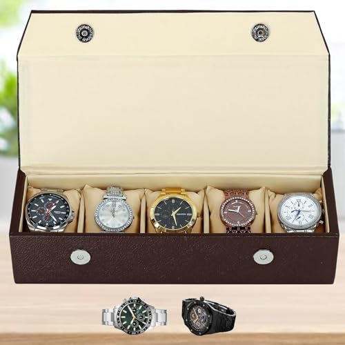 Hard Craft Watch Case Box Organiser Jewelry, Bracelet & Accessories Collection Storage Holder Gift for 5 Slots With Premium Faux Leather Interior & Exterior For Men and Women, Brown - Image 1