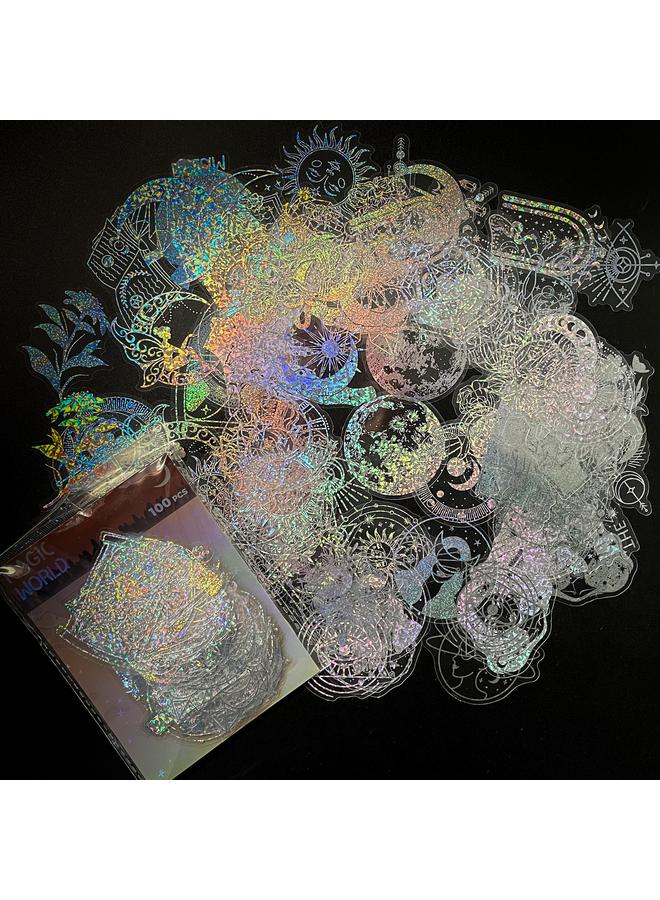 الأزرق جي دبليو 100 ملصق ليزر العالم السحري PET ملصق حزمة مذكرات سحرية سلسلة ديكور الكولاج DIY - Image 3