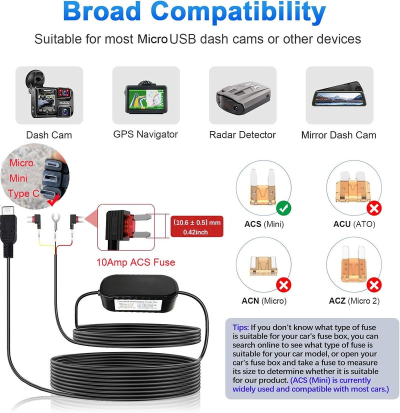 Gebildet Type C USB Port Dash Cam Hardwire Kit for 24H Parking Monitor/Time-Lapse Recording Converts 12V-24V to 5V/2.5A Car Dash Camera Charger 320cm Cable Kit, Low Voltage Protection - Image 2