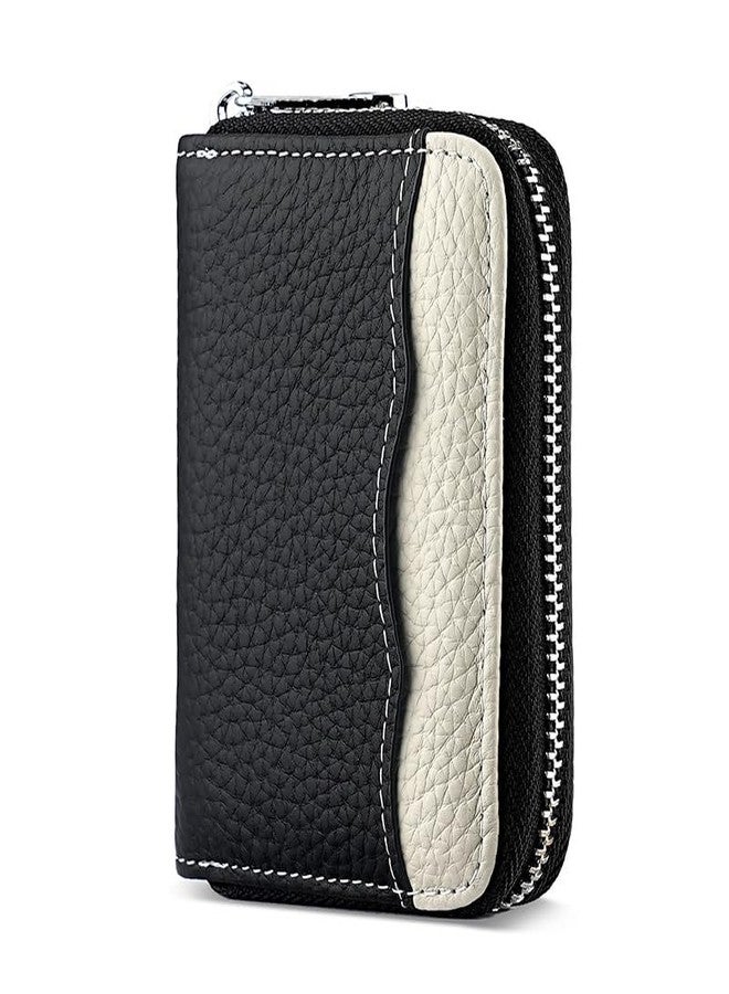 Linno RFID 20 Slots Credit Card Holder Genuine Leather Small Wallet for Women or Men with Zipper - Image 1
