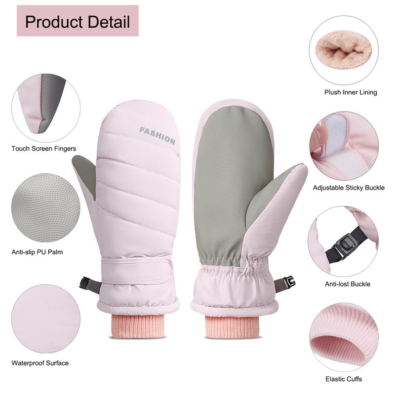 Bototack Winter Women Ski Mittens, Waterproof Touch Screen Snow Mitts, Anti Slip Warm Windproof Snowboard Gloves for Skiing Hiking Cycling (Pink) - Image 4