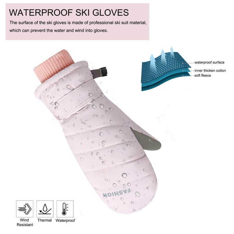 Bototack Winter Women Ski Mittens, Waterproof Touch Screen Snow Mitts, Anti Slip Warm Windproof Snowboard Gloves for Skiing Hiking Cycling (Pink) - Image 5