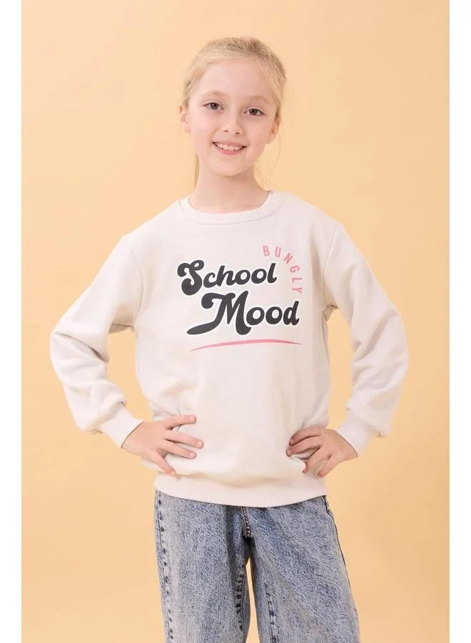 Perendi Boys' and Girls' School-Printed Polo Collar Seasonal Sweatshirt - Stone