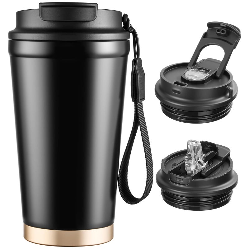 Ratrabas Insulated Travel Coffee Mug, 13oz Leakproof Coffee Tumblers With Strap & 2-In-1 Lids, Vacuum-Insulated Stainless Steel Reusable Coffee Cup For Hot & Cold Drinks(Black) - Image 1