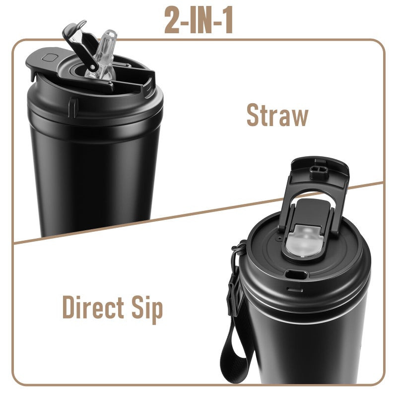 Ratrabas Insulated Travel Coffee Mug, 13oz Leakproof Coffee Tumblers With Strap & 2-In-1 Lids, Vacuum-Insulated Stainless Steel Reusable Coffee Cup For Hot & Cold Drinks(Black) - Image 3