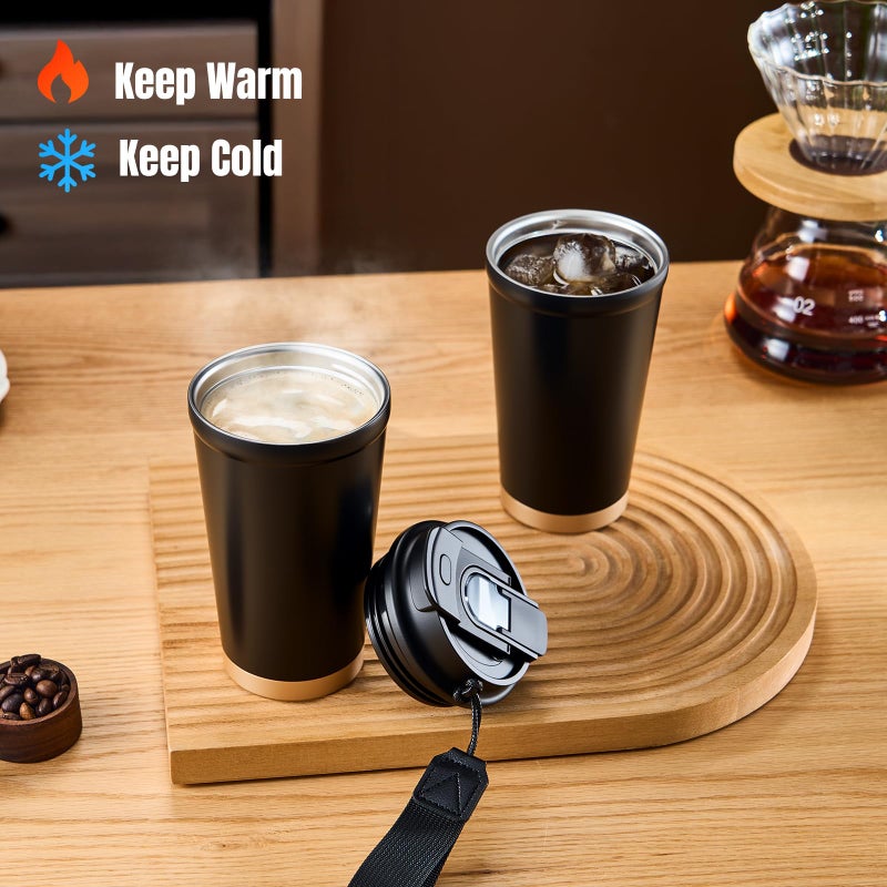 Ratrabas Insulated Travel Coffee Mug, 13oz Leakproof Coffee Tumblers With Strap & 2-In-1 Lids, Vacuum-Insulated Stainless Steel Reusable Coffee Cup For Hot & Cold Drinks(Black) - Image 4