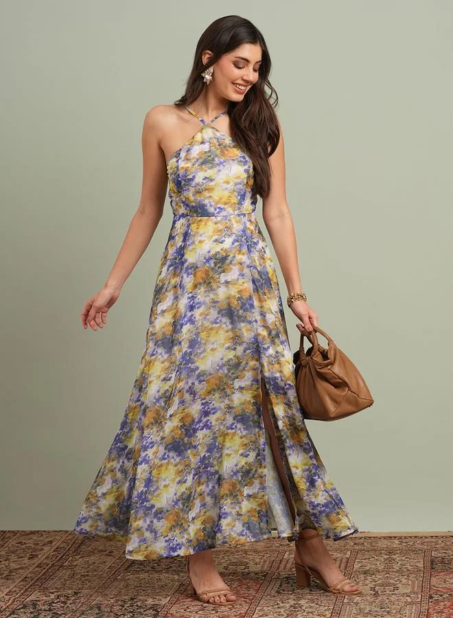 جلو باص فستان طويل بياقة مربوطة بطبعة تجريدية