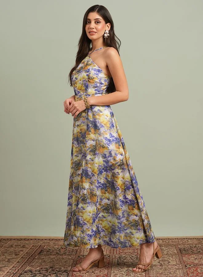 جلو باص فستان طويل بياقة مربوطة بطبعة تجريدية