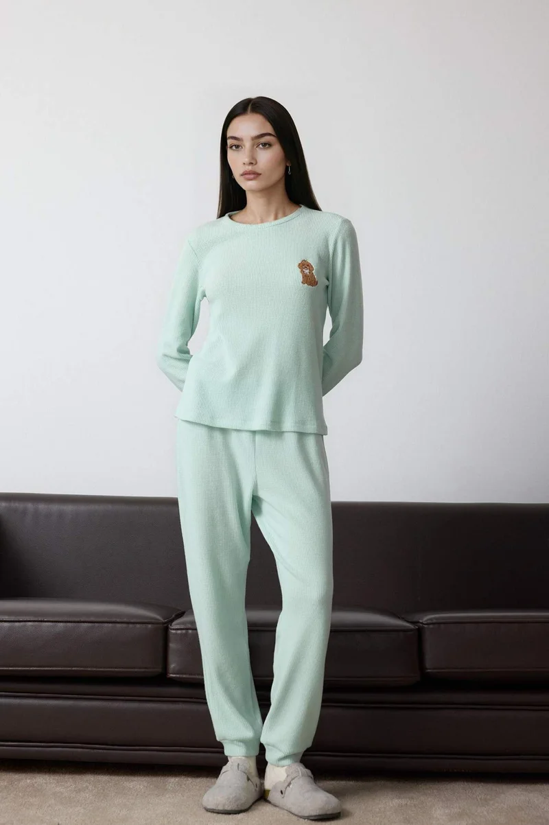Regular Fit Waffle Top Bottoms 2 Piece Pyjamas Set