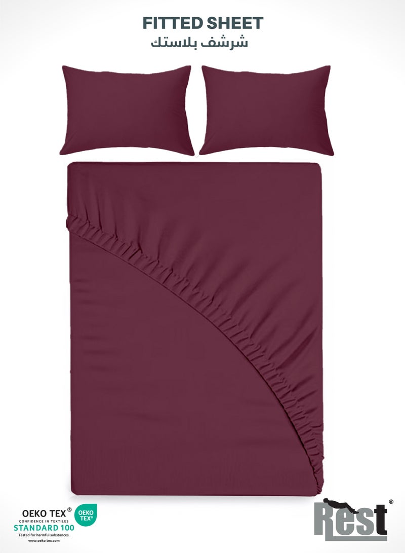 REST 3-Piece Burgundy Plush 160x200+30cm Fitted Bedsheet Set Includes 1 Deep Pocket Fitted Bedsheet and 2 Pillow Covers, Breathable and Machine Washable - Image 1