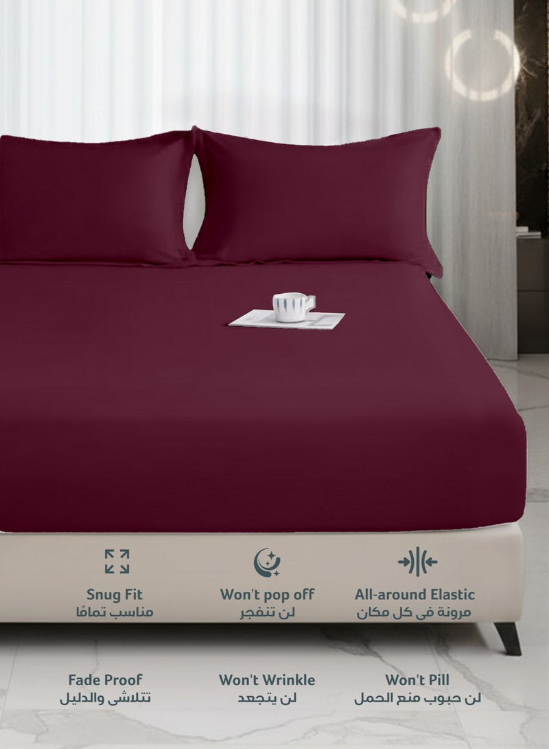 REST 3-Piece Burgundy Plush 160x200+30cm Fitted Bedsheet Set Includes 1 Deep Pocket Fitted Bedsheet and 2 Pillow Covers, Breathable and Machine Washable - Image 3