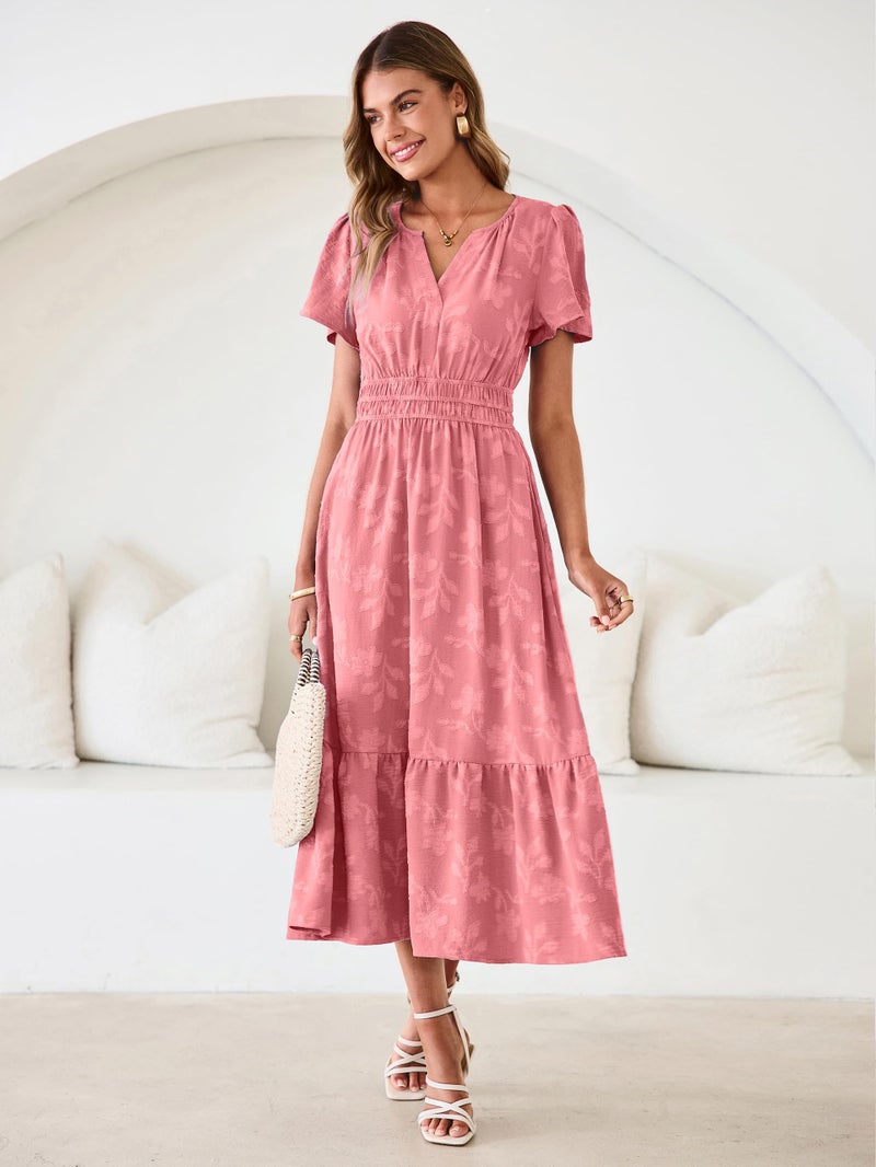 Simplee Womens Summer Boho Maxi Dress Spring Wedding Guest Floral V Neck Empire Waist Tiered Long Flowy Dresses Rust Pink M - Image 2