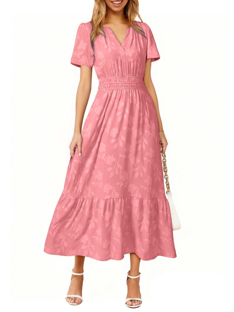 Simplee Womens Summer Boho Maxi Dress Spring Wedding Guest Floral V Neck Empire Waist Tiered Long Flowy Dresses Rust Pink M - Image 1