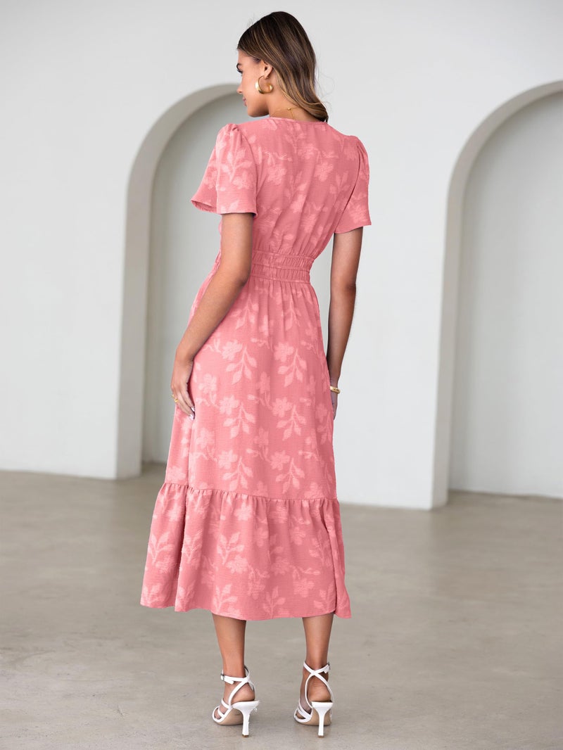 Simplee Womens Summer Boho Maxi Dress Spring Wedding Guest Floral V Neck Empire Waist Tiered Long Flowy Dresses Rust Pink M - Image 4