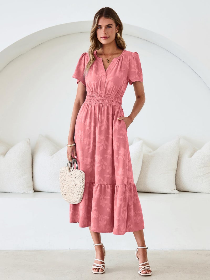 Simplee Womens Summer Boho Maxi Dress Spring Wedding Guest Floral V Neck Empire Waist Tiered Long Flowy Dresses Rust Pink M - Image 3