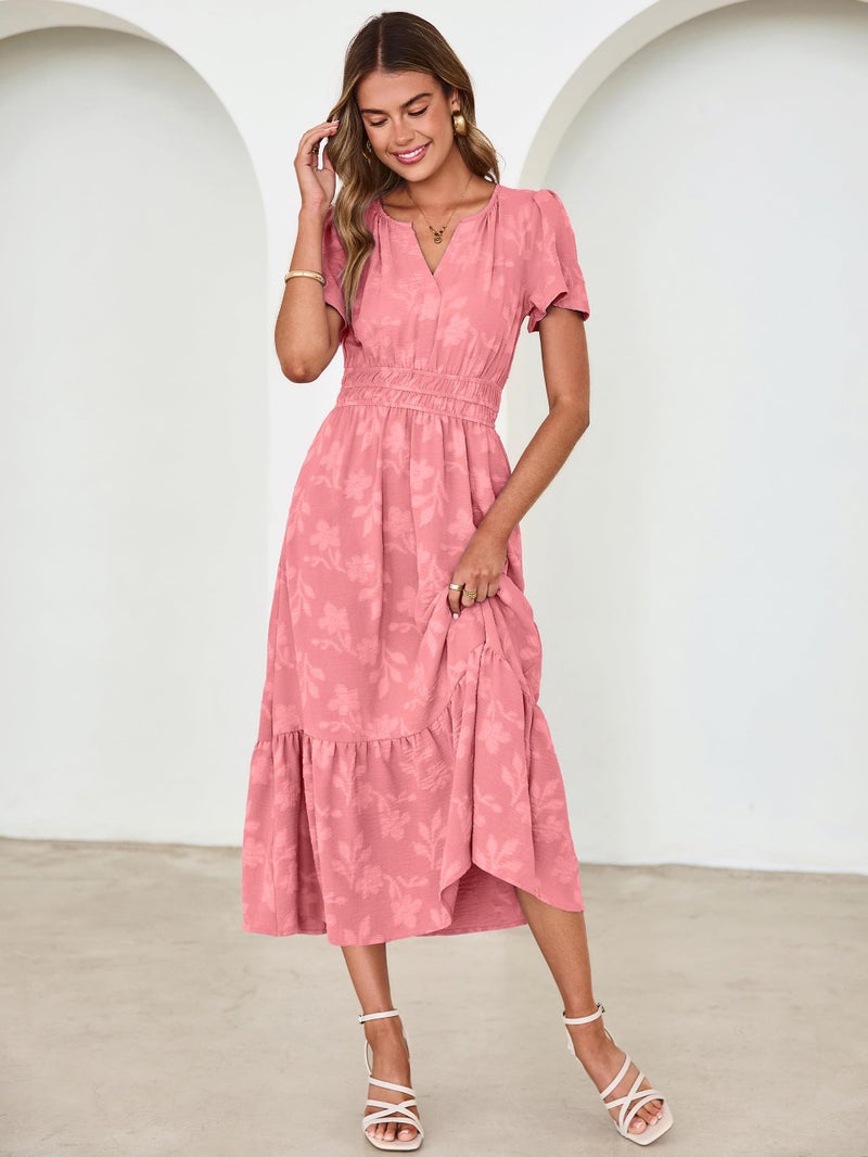 Simplee Womens Summer Boho Maxi Dress Spring Wedding Guest Floral V Neck Empire Waist Tiered Long Flowy Dresses Rust Pink M - Image 5