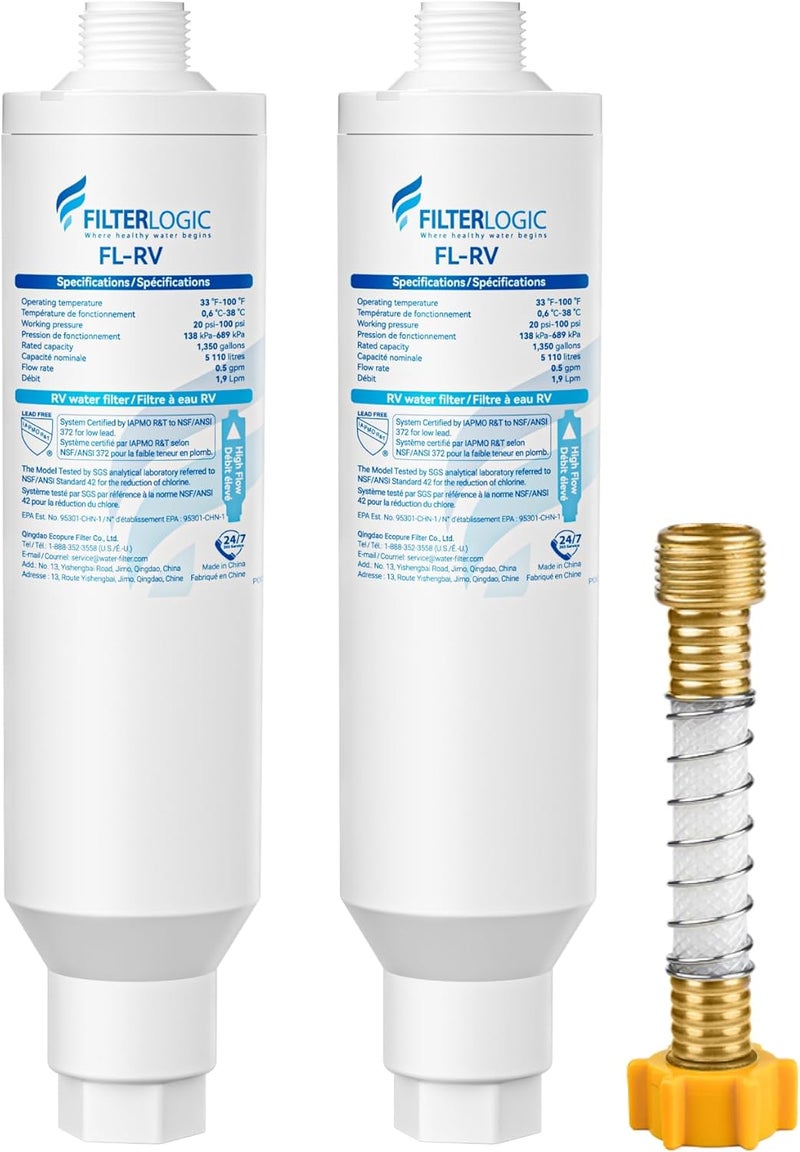 Filterlogic RV Inline Water Filter, NSF Certified, Reduces Chlorine, Bad Taste&Odor, Dedicated for RVs, 2 Pack Drinking Filter with 1 Flexible Hose Protector Flexible anti-break - Image 1