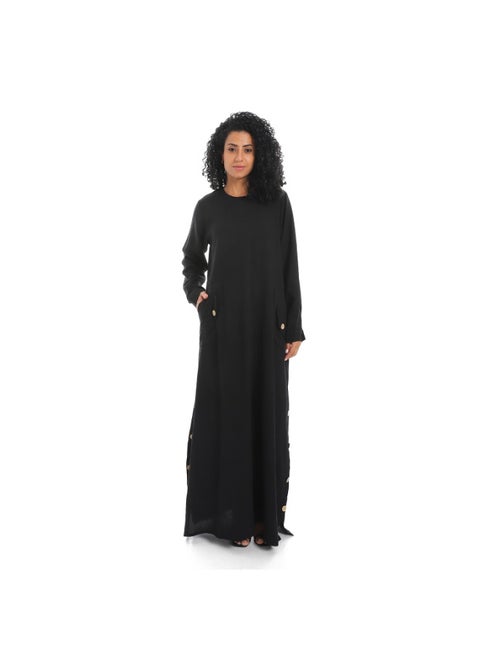 Women's linen abaya with long sleeves and buttons on the sides