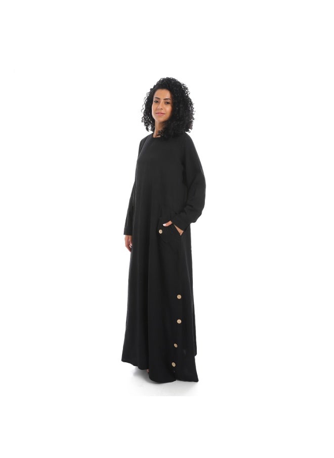 Women's linen abaya with long sleeves and buttons on the sides