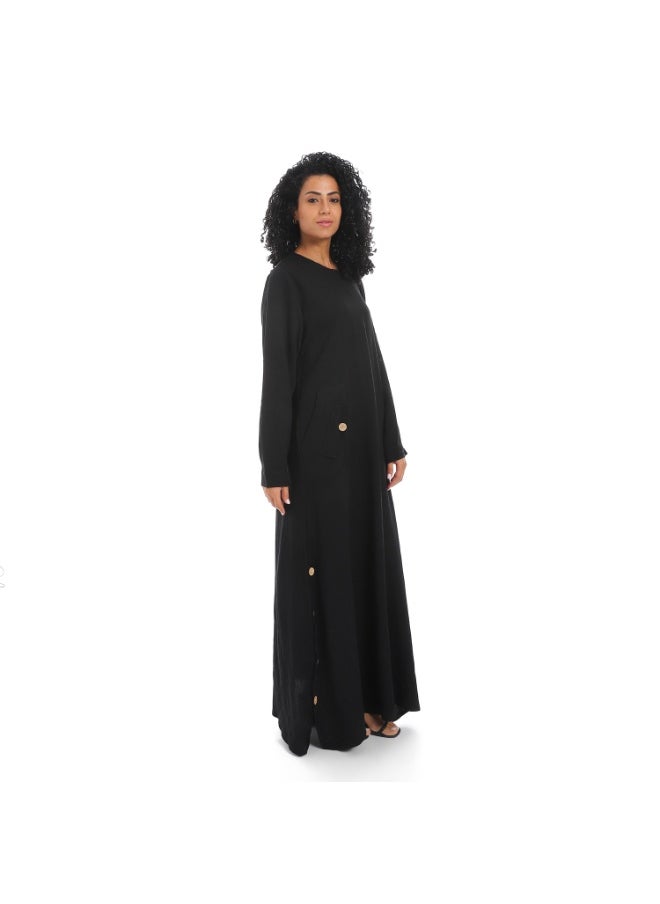 Women's linen abaya with long sleeves and buttons on the sides