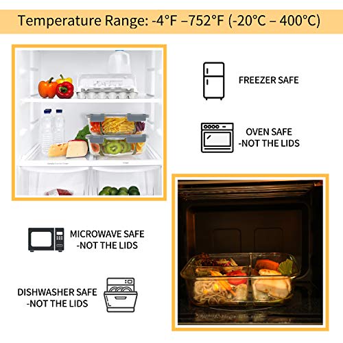 Bayco 8 Pack Glass Meal Prep Containers 3 Compartment, Glass Food Storage Containers with Lids, Airtight Lunch Bento Boxes, Leak Proof (8 lids & 8 Container) - Grey - Image 4