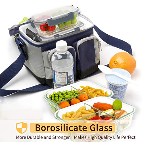 Bayco 8 Pack Glass Meal Prep Containers 3 Compartment, Glass Food Storage Containers with Lids, Airtight Lunch Bento Boxes, Leak Proof (8 lids & 8 Container) - Grey - Image 5