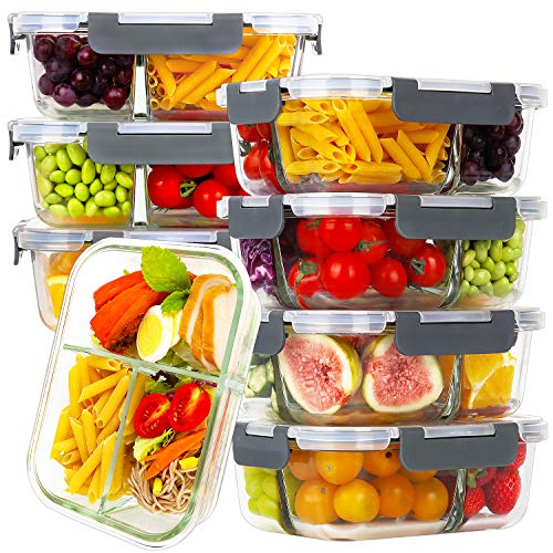 Bayco 8 Pack Glass Meal Prep Containers 3 Compartment, Glass Food Storage Containers with Lids, Airtight Lunch Bento Boxes, Leak Proof (8 lids & 8 Container) - Grey - Image 1