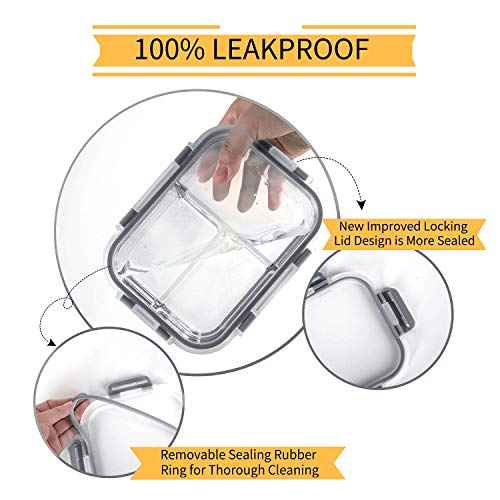 Bayco 8 Pack Glass Meal Prep Containers 3 Compartment, Glass Food Storage Containers with Lids, Airtight Lunch Bento Boxes, Leak Proof (8 lids & 8 Container) - Grey - Image 3