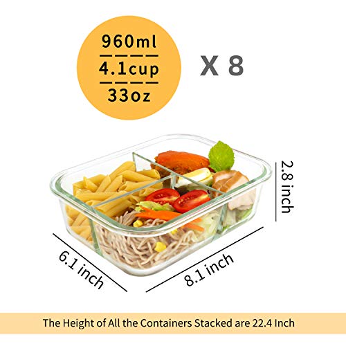 Bayco 8 Pack Glass Meal Prep Containers 3 Compartment, Glass Food Storage Containers with Lids, Airtight Lunch Bento Boxes, Leak Proof (8 lids & 8 Container) - Grey - Image 2
