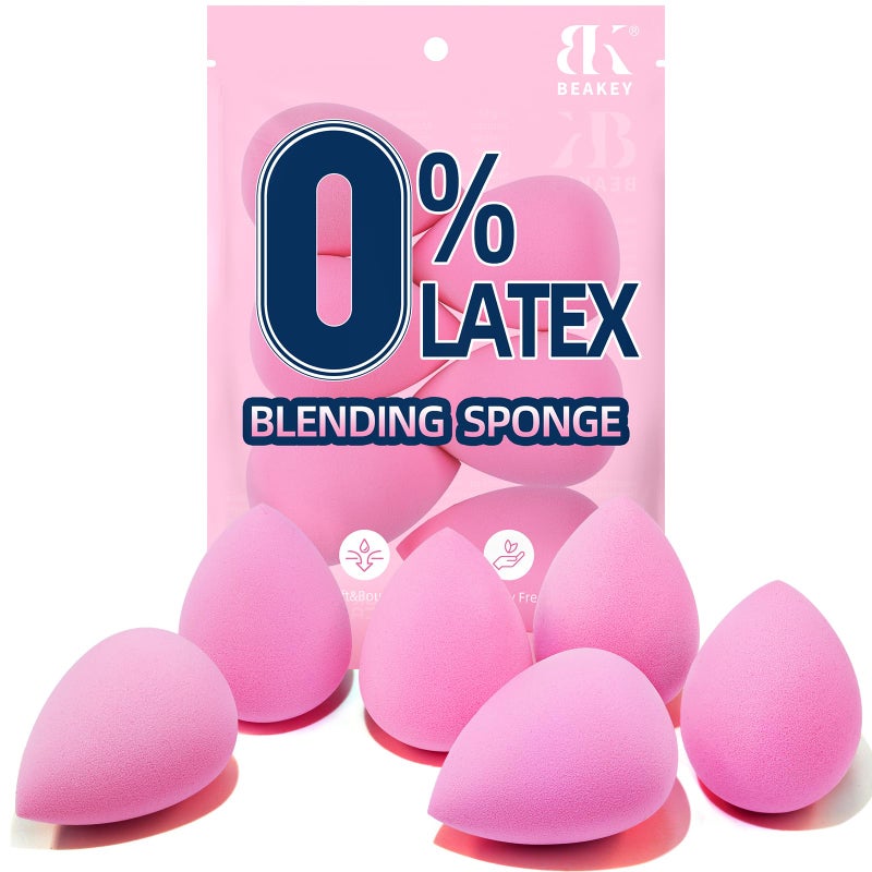 BEAKEY Super Soft Makeup Sponge Set of 6, Makeup Sponges for Foundation, Liquid, Cream and Powder, Pink Beauty Sponge for Blending, 0 Latex Blender - Image 1