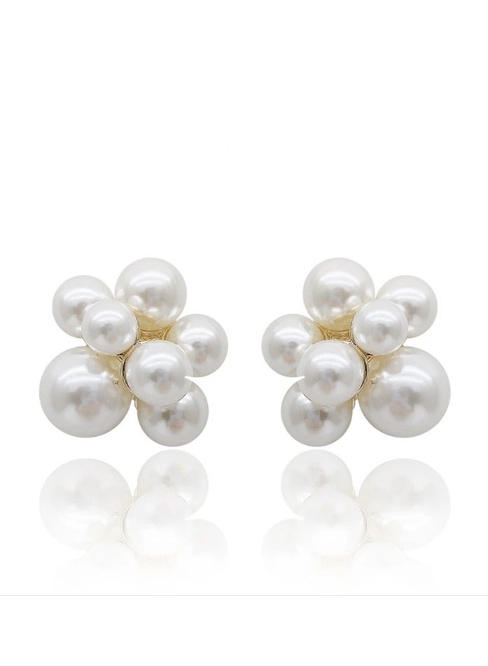 925 Sterling Silver Flowers Imitation Pearl Gold Dangle Studs Earrings For Women and Girls - Image 1