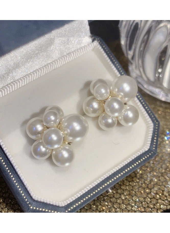 925 Sterling Silver Flowers Imitation Pearl Gold Dangle Studs Earrings For Women and Girls - Image 2